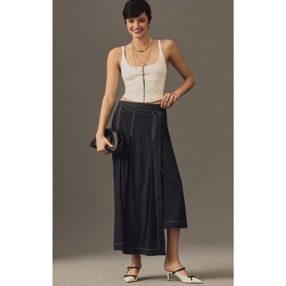 Anthropologie X Maeve Edie Asymmetrical Stitched Linen Wrap Midi Skirt Size 6 - Picture 1 of 12